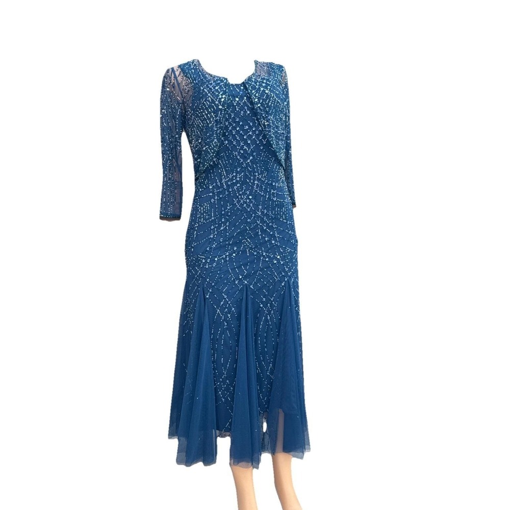 Pisarro Nights Beaded Gown with Long Sleeve Jacket Petrol‎ Blue Sz 6 $268 N/WO/T